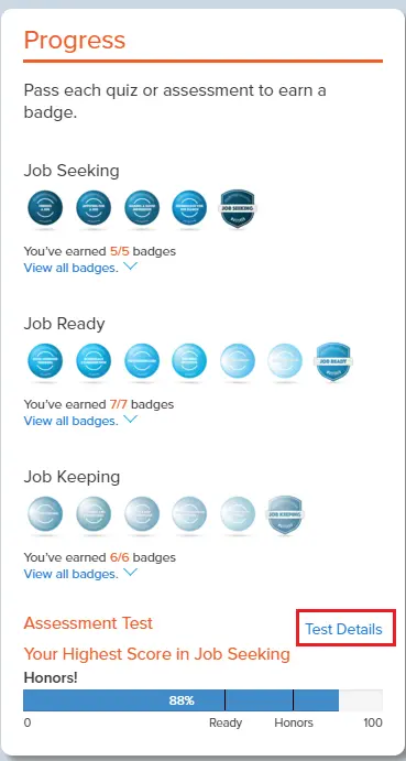 Click Test Details to find your assessment scores.