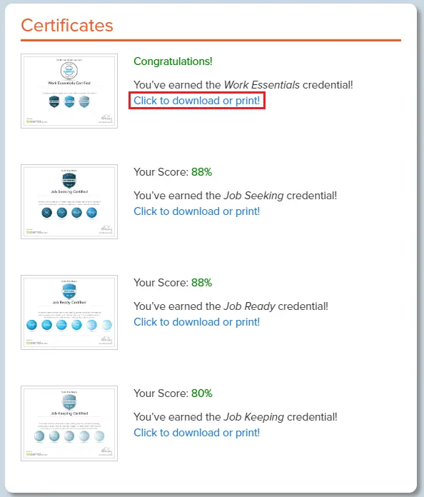 To redeem a certificate, select “Click to download or print!” in blue letters next to the certificate you want to download.