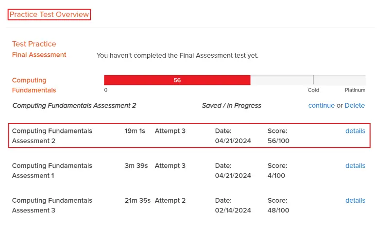 Your Practice Test Overview contains a list of your assessments, the dates they were submitted, and your assessment scores.