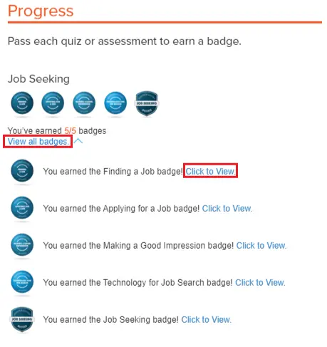 Click “View all badges” and select “Click to View" to access your Work Essentials badges.